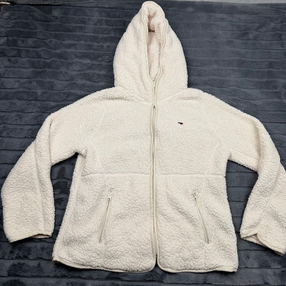 Tommy Hilfiger Womens Sherpa Fleece Hoodie Full Zip Jacket Ivory Cream Size M